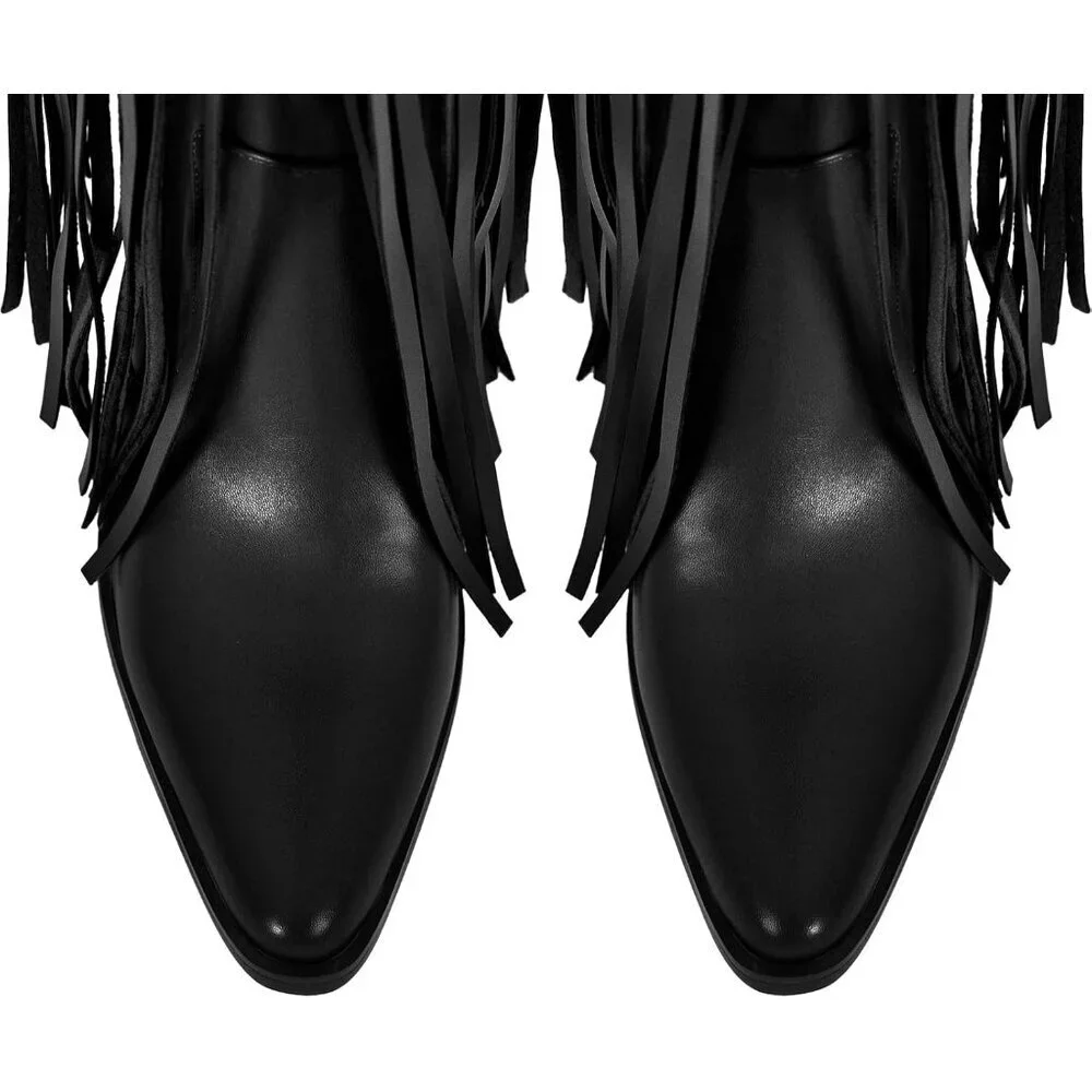 Women Black Synthetic Fringe Thigh High Tassels Wide Calf Over Knee Pointed Boot